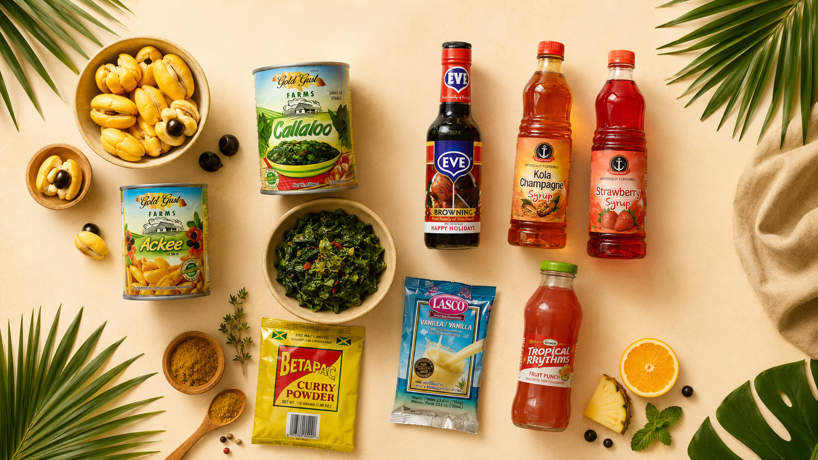 Premium Jamaican and Caribbean pantry staples arranged on a warm cream background